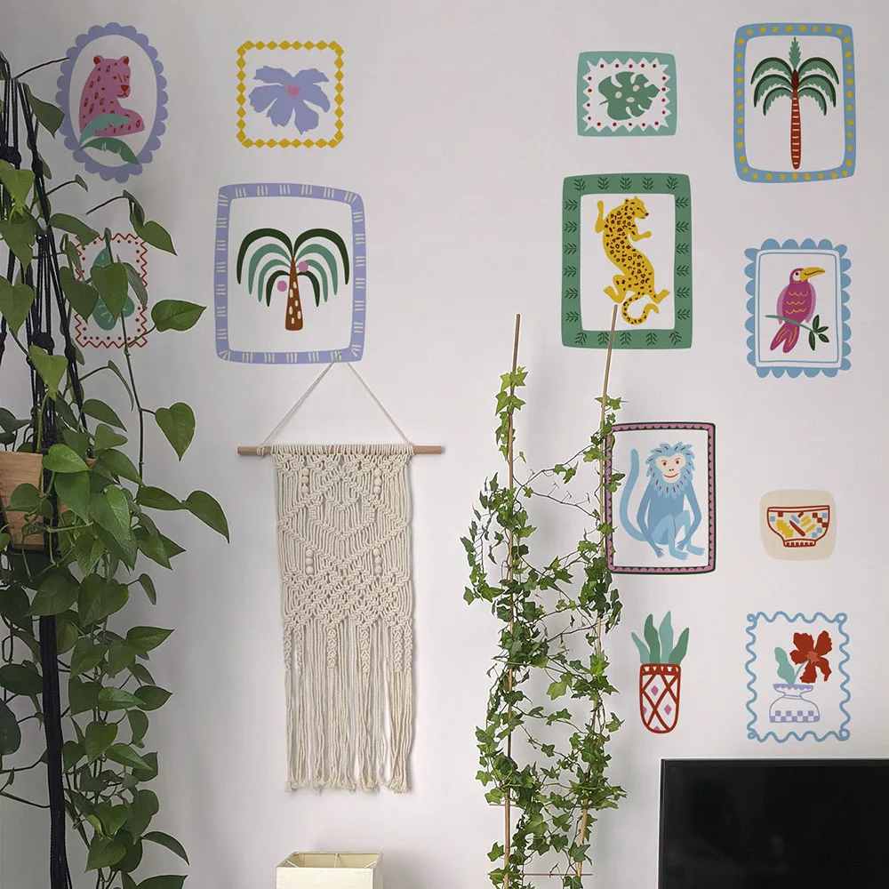 Tropical Patchwork Multicolore Animal Tree Wall Stickers Bedroom Playroom Palm Tree Tiger Lion Woodland Wall Decals Home Decor