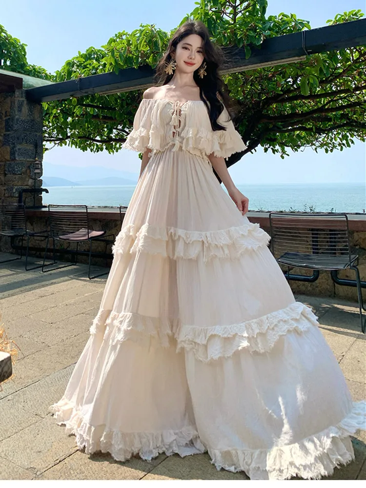 

Women's Bohemian Solid Splice Ruffles Cotton Long Dress Sexy Slash Neck Lace-Up Fashion Design Party Dress