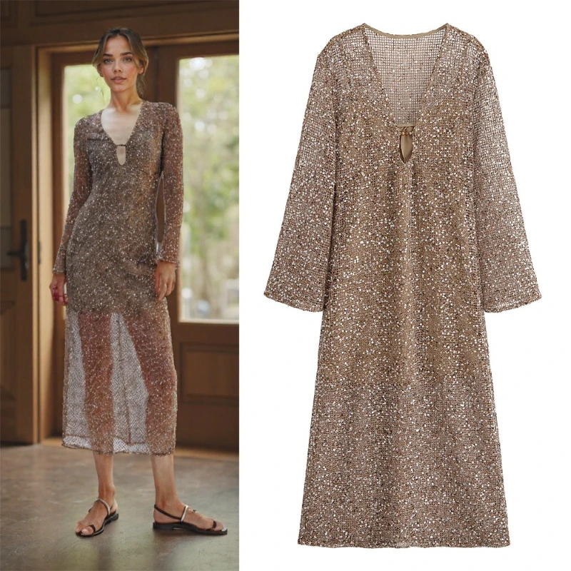 

European and American Women's 2025 New Fashion Open Design Slim Patchwork Bead Midi Dress Retro Long Sleeved Lady Dress
