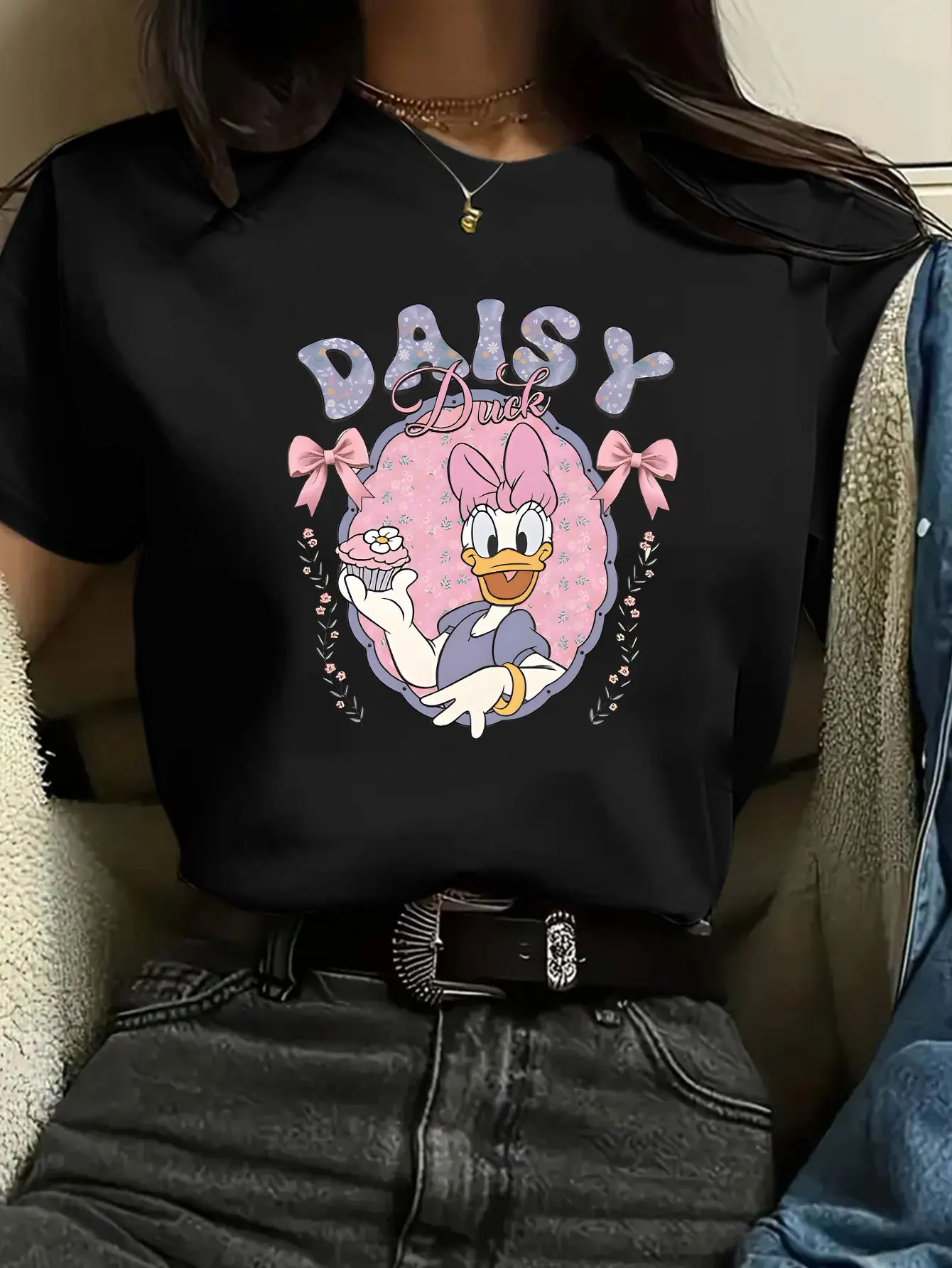 

Daisy Duck Print Women's T-Shirt Short Sleeve Cotton Tees Cartoon Disney Y2k Tops Women Disney T-shirt Brand Summer Clothing