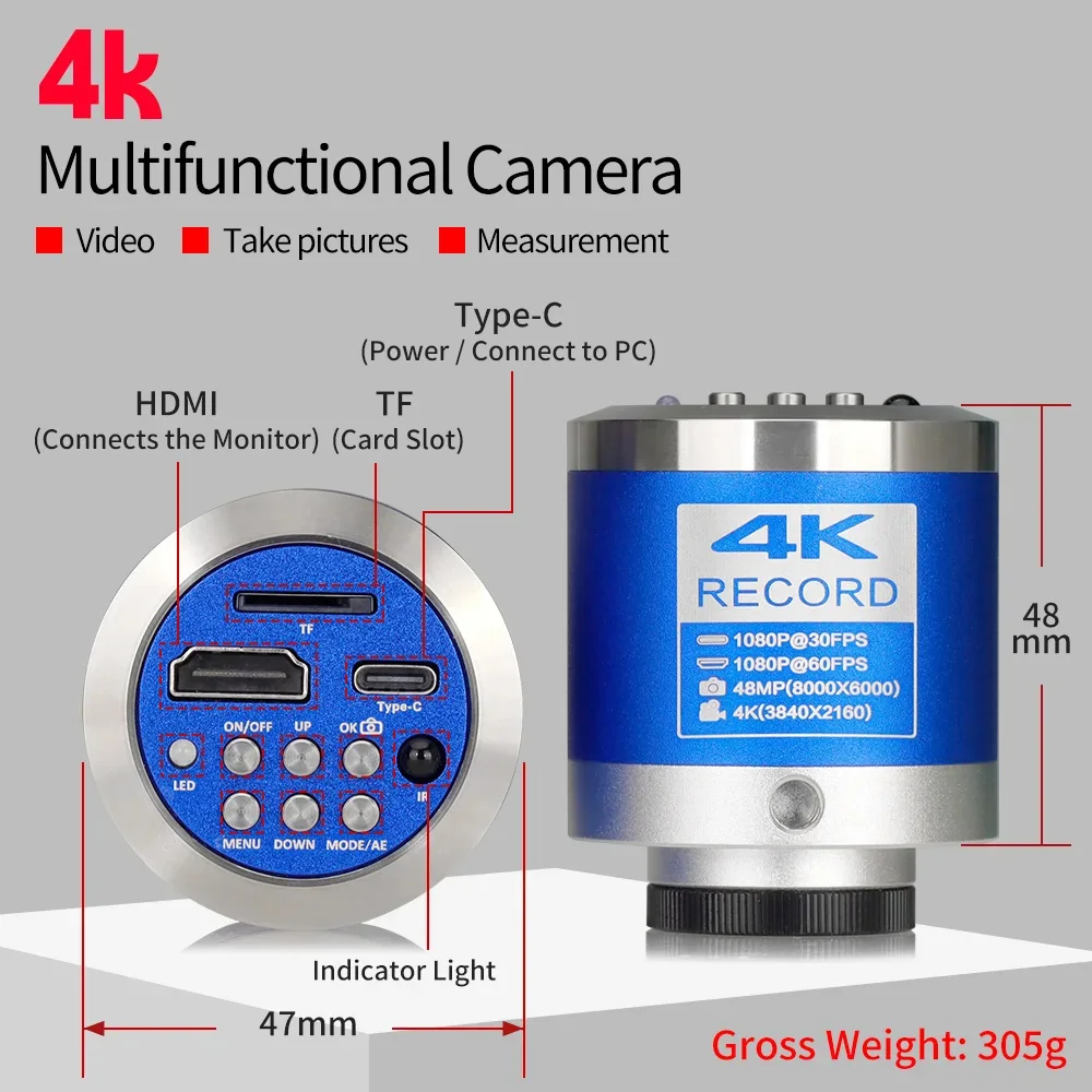 4K 48MP Microscope Camera Type-C HDMI Microscopic Camra Sony Sensor HD Industrial Soldering Microscope-camera EU/US Adapter