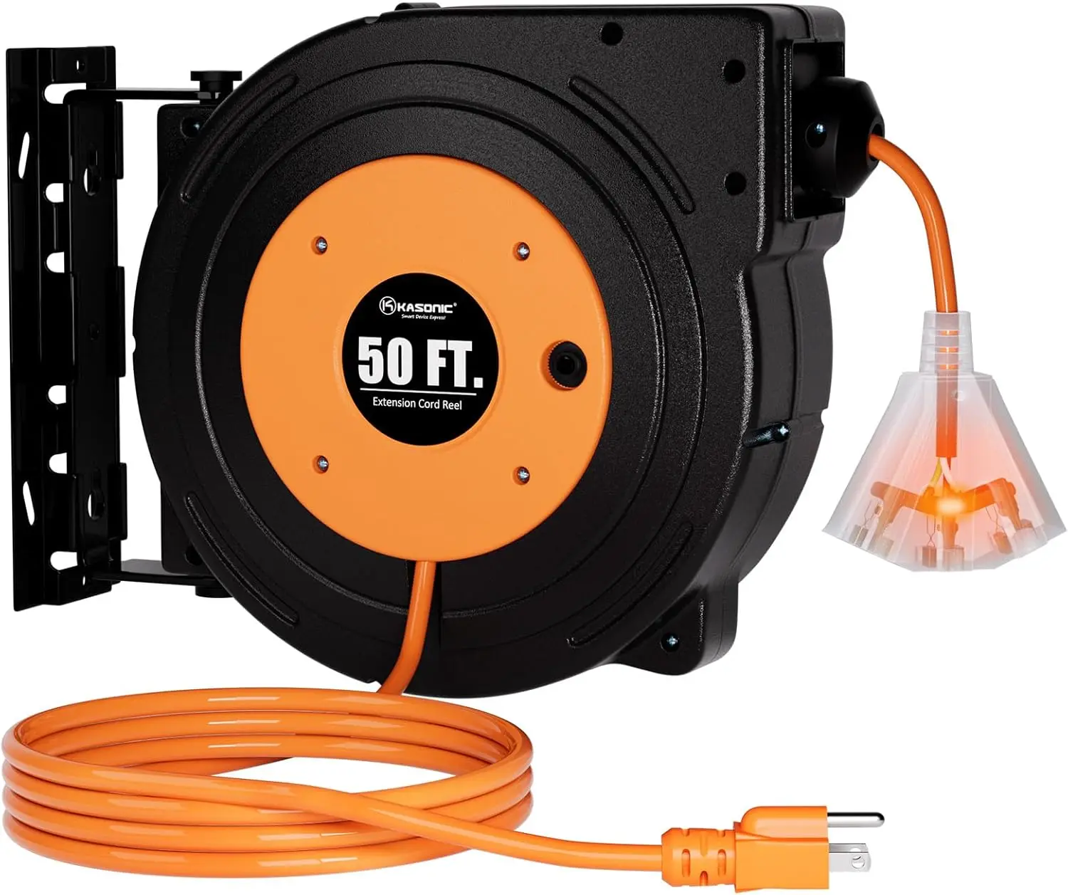 50 FT Retractable Extension Cord Reel, UL Listed, 14AWG/3C SJTOW Heavy Duty Power Cord, 3 Grounded Outlets , 13 Circuit Breaker