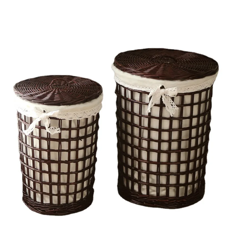 Circular woven storage baskets with hollowed out dirty clothes bucket, rustic style rattan woven laundry basket
