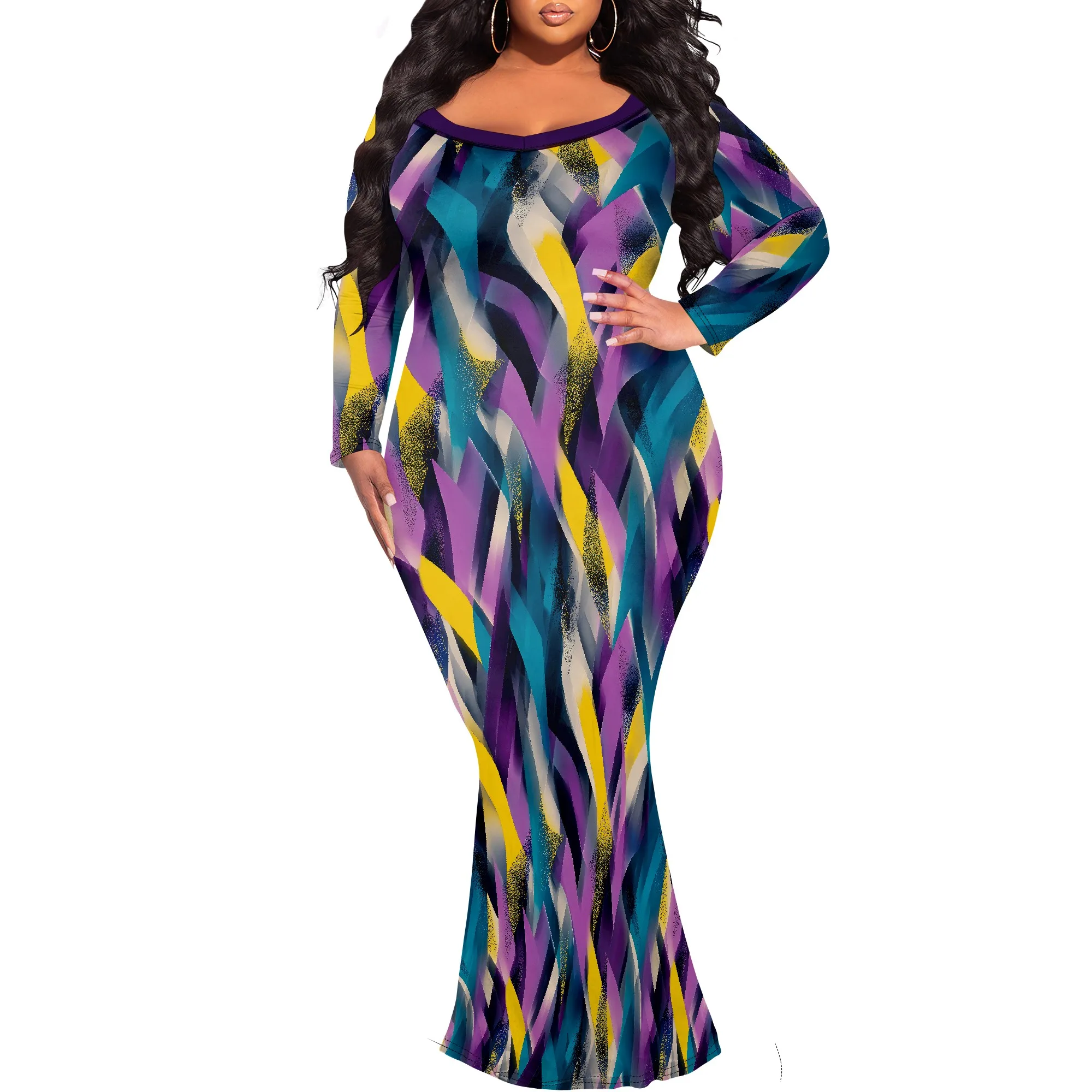 

Plus Size Maxi Dress for Women Casual Summer Sundress V-Neck Long Sleeve