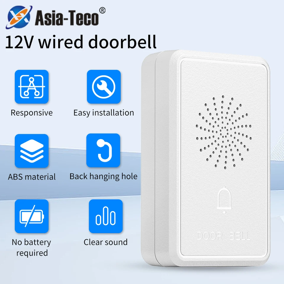 Saluaqui Wired Doorbell Chime 12V – 90dB Loud & Clear Ringtones For Home Security, Easy Wall-Mount Or Tape Install, Access Control Compatible