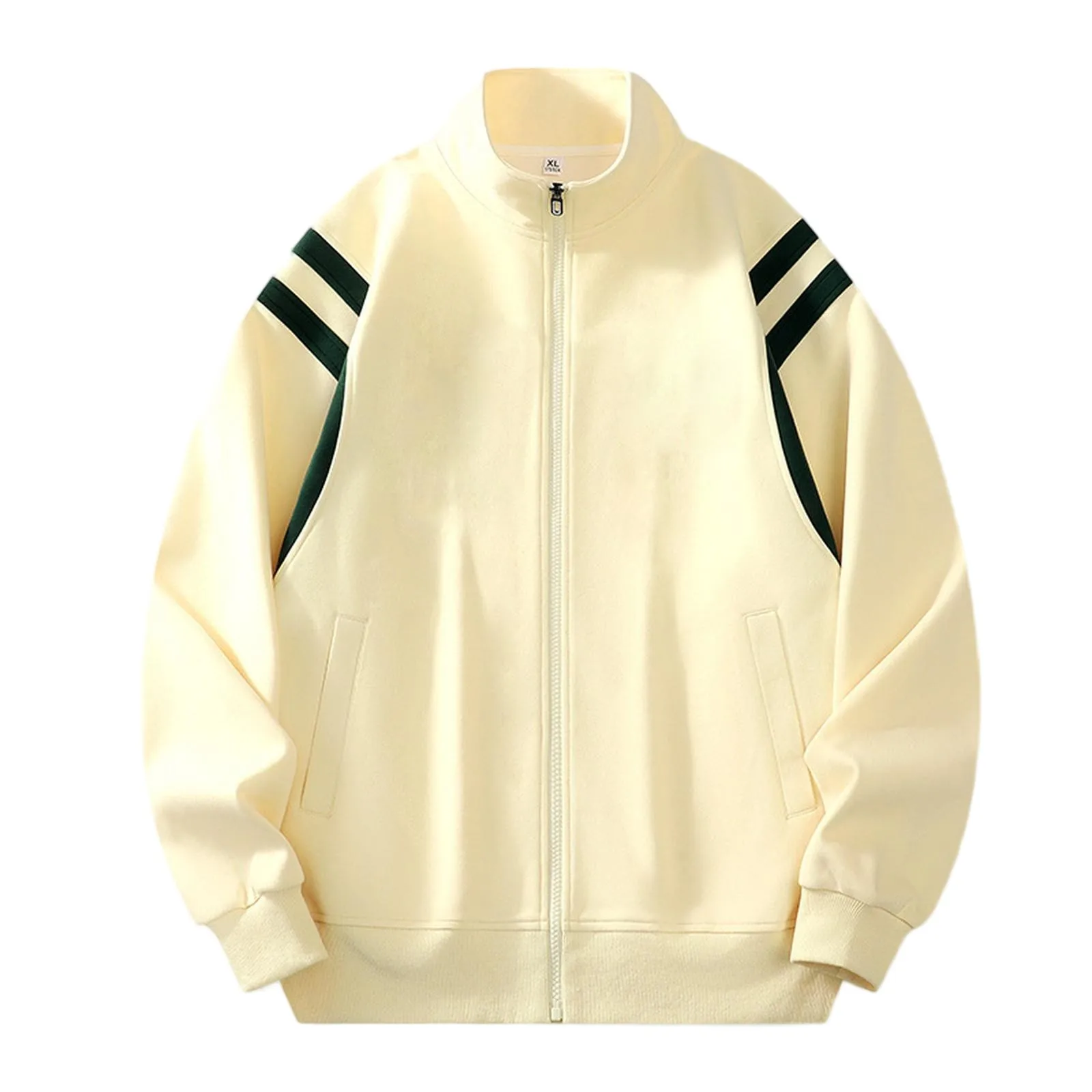 

Winter Men'S Casual Cardigan Hoodie Solid Color Striped Loose Jacket Stand Up Collar Zipper Top Suitable For Daily Wear