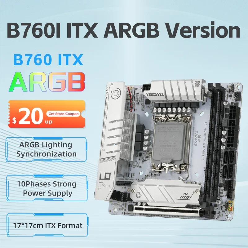 

Игровая материнская плата ERYING ITX B760i, ARGB с Wi-Fi-картой, LGA 1700, поддержка Core 12/13th i9/i7/i5/i3, двухканальная Память DDR4, белая