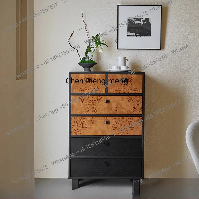 

Solid Wood Six-Drawer Cabinet Living Room Storage Black Standing Cabinet Sofa Vintage Style Storage Cabinet