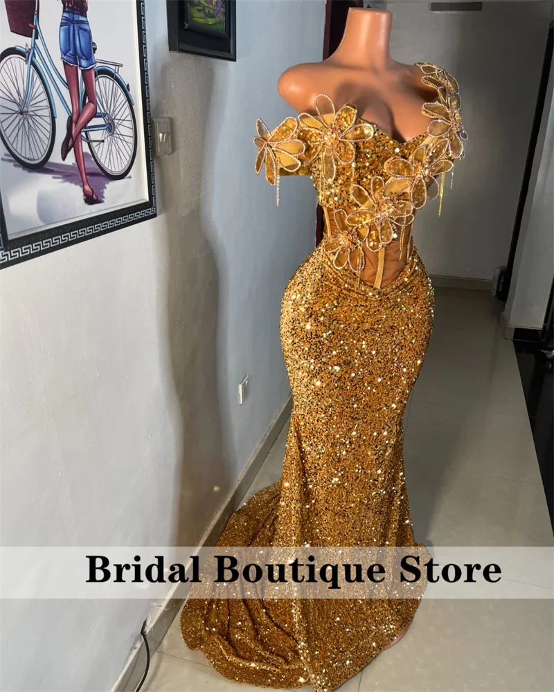 Sparkle Golden Aso Ebi Evening Dresses Sequin Gown Off Shoulder Crystals Appliques Mermaid Formal Prom Party Gowns Customized image 4