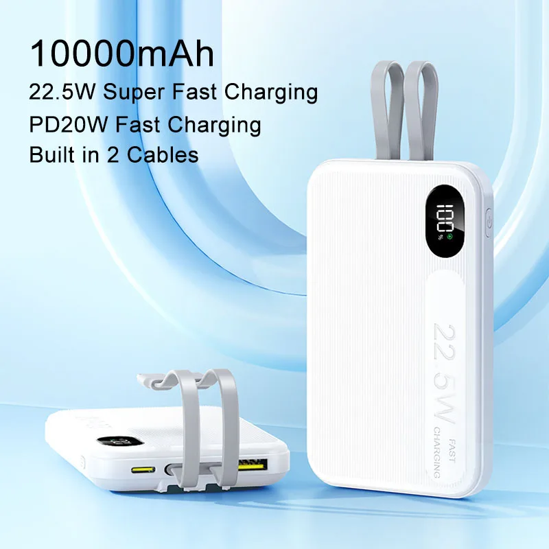 

22.5W Fast Charging Power Bank 10000mAh Built in 2 Cables Portable External Battery Charger Mini Powerbank for iPhone 15 Samsung