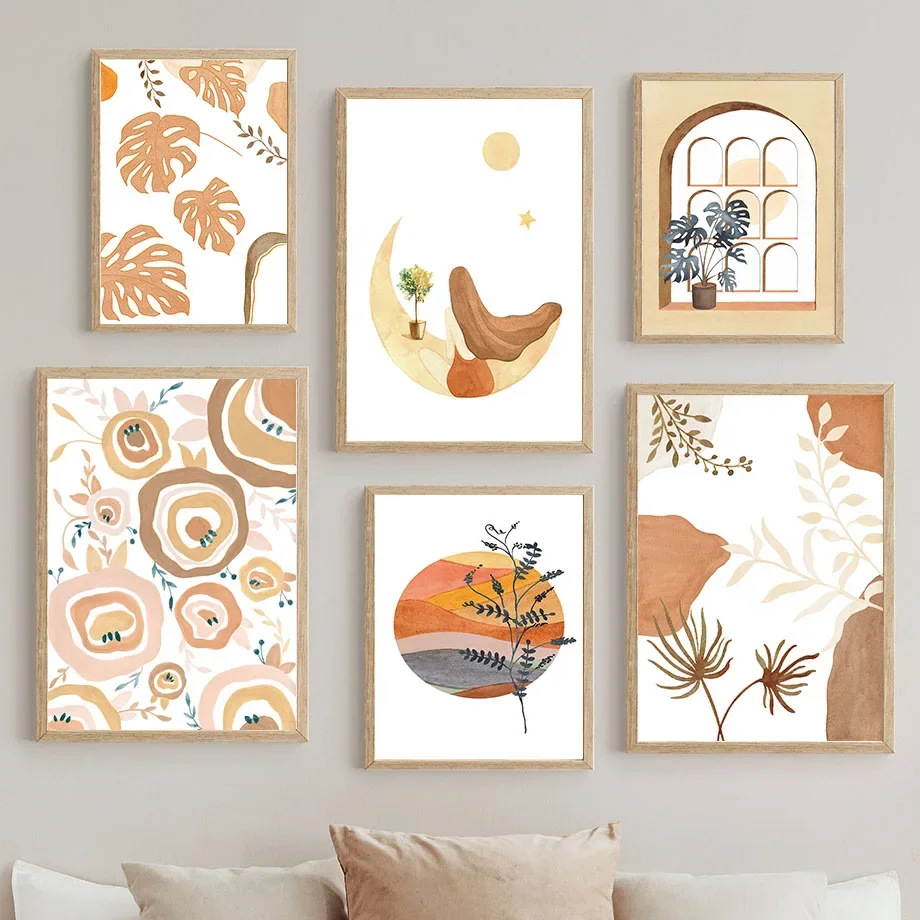 Moon Princess Sunflower Leaves Vase Abstract Boho Wall Art Canvas Painting Posters And Print Wall Pictures For Living Room Decor