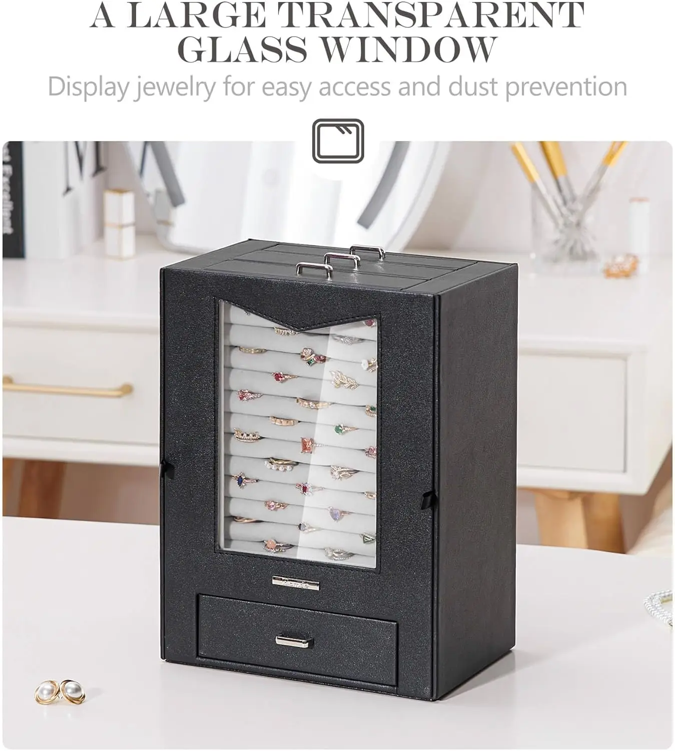 Jewelry Organizer with Transparent Window Necklace Hooks Gift for Women Jewelry Box Display Case for Necklaces Rings