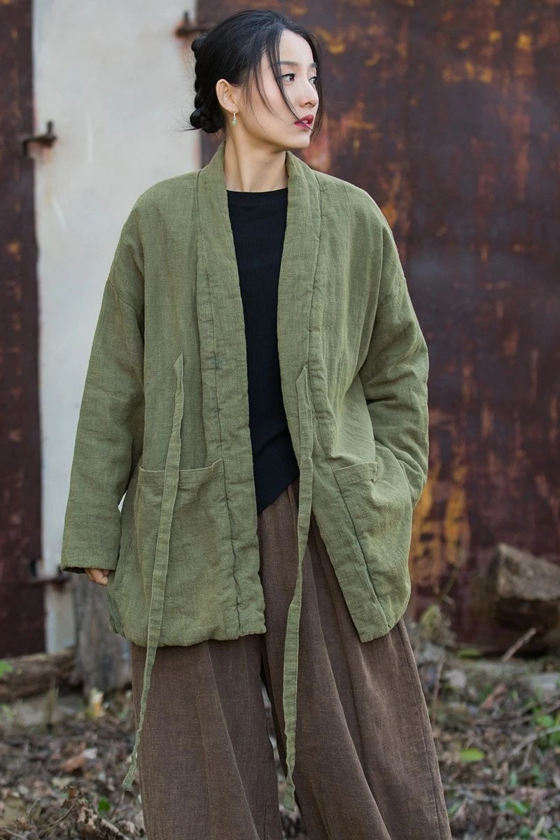Autumn and Winter Women's Down Cotton Jacket Oversized Cotton Linen Cardigan Jacket