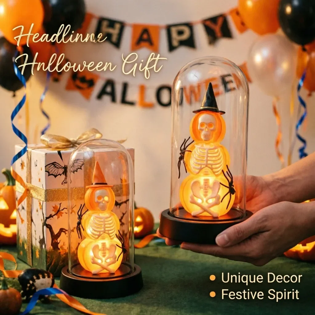 Halloween Skull Lantern Witch Dome Light, LED Illuminated Pumpkin Skeleton Cloche Lamp, Party Graveyard Home Table Ornament Gift