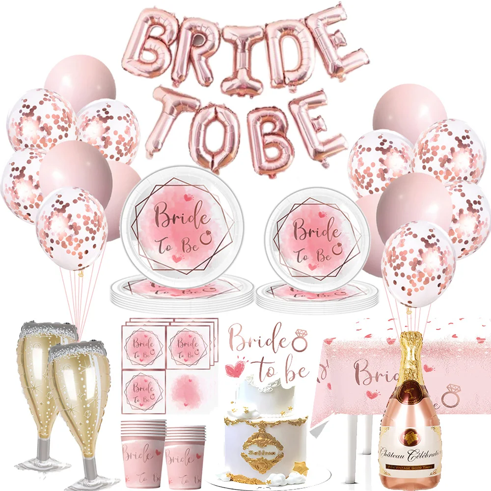 Decoraciones para fiesta de novia, vajilla de oro rosa, utilería para fotos, confeti, globo, mantel, suministros de decoración para fiesta de despedida de soltera