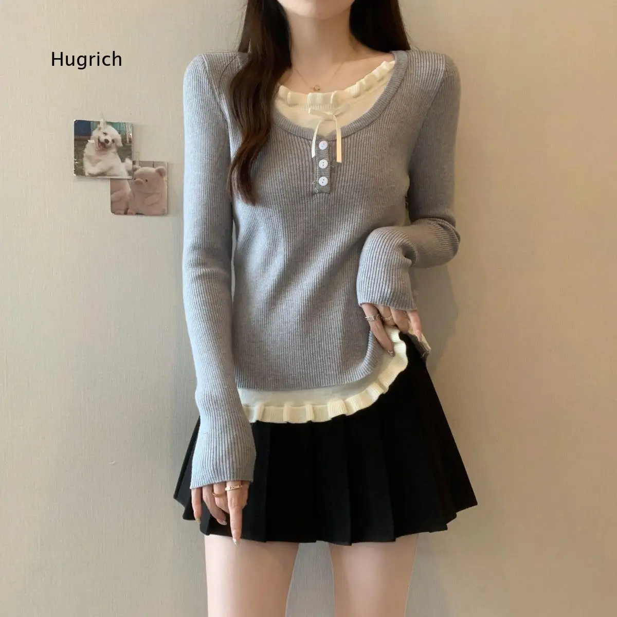 Casual Women Long Sleeve Fake Two Piece T Shirt Ruffle Edge Ribbed Knit Slim Fit Top Soft Touch Clothes For Everyday Styling