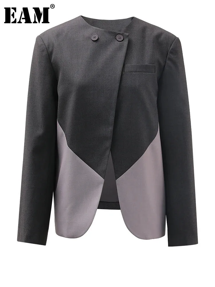 EAM-Blazer gris à manches longues et col rond pour femme, veste irrégulière élégante, bloc de documents, grande taille, nouvelle mode, marée, printemps, automne, 2024 00