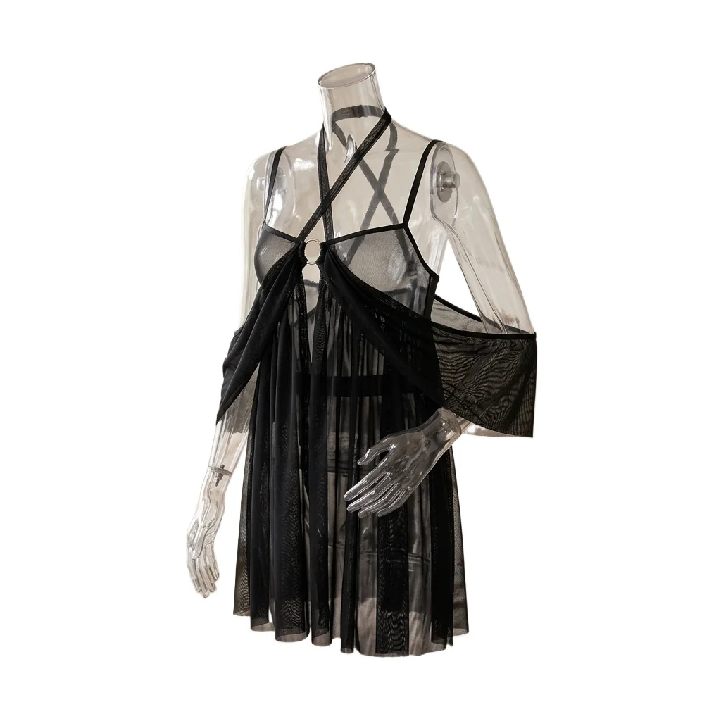Women's Sheer Mesh Babydoll Lingerie Halter Neck Criss Cross Backless  Nightgown Sleepwear Chemise for Intimate Nightwear
