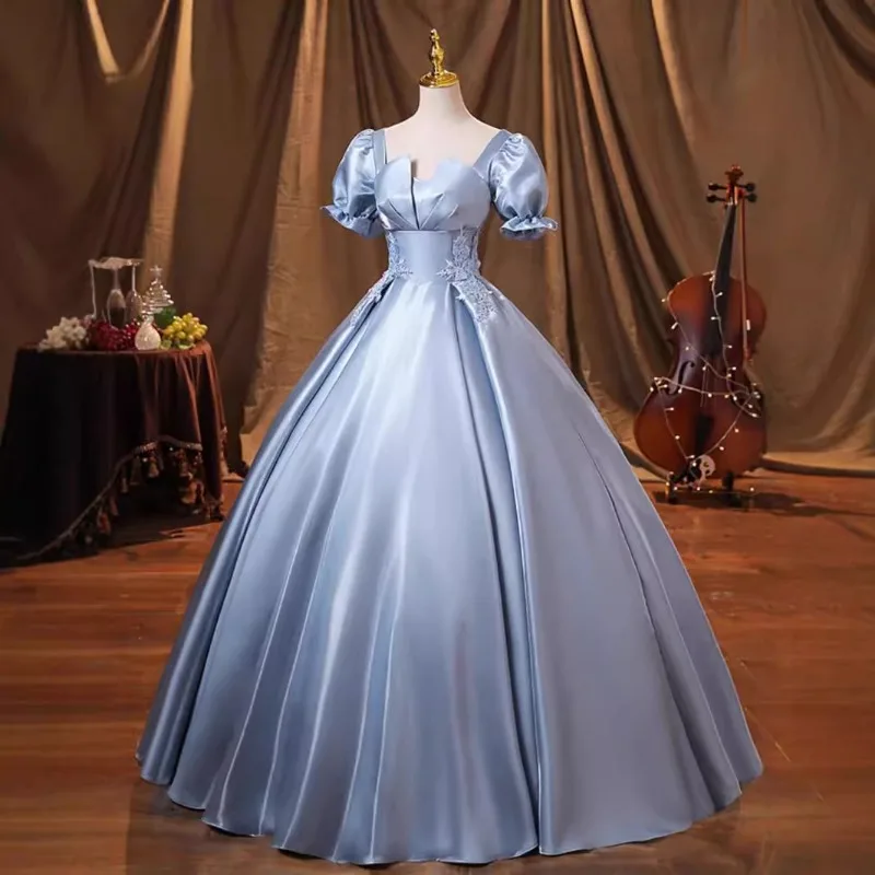 

Blue Grey Satin Evening Gown with Feminine Temperament, Birthday Party, Coming of Age Ceremony, Long Skirt, A-line Slimming Gown