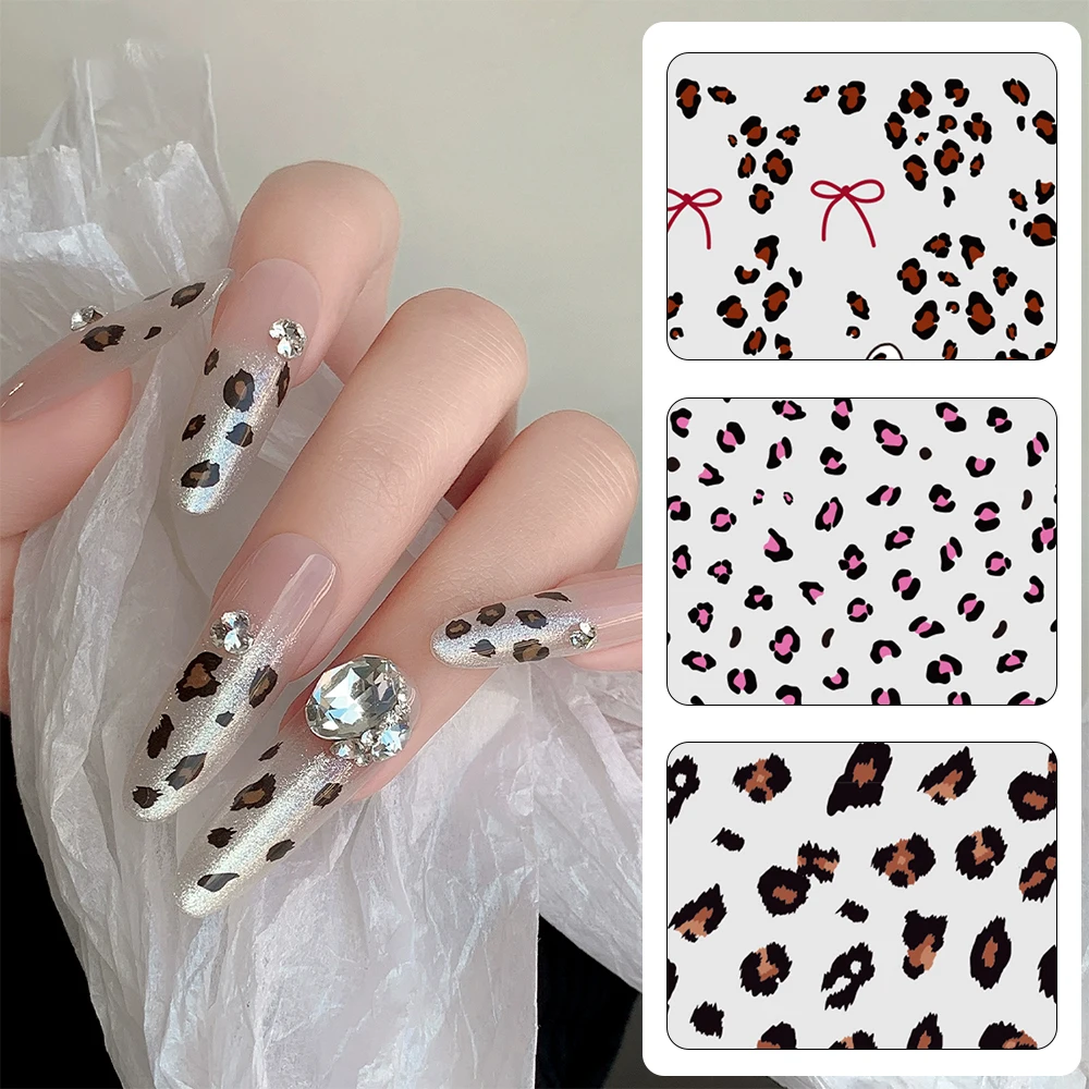 3D Brown Black Pink Leopard Print Nail Stickers Retro Leopard Ribbon Bows French Nail Decal Wild Print Leopard Print Nail Slider