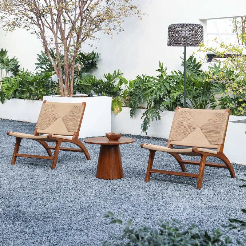 

Outdoor recliner Solid wood balcony Single sofa chair Retro homestay Open-air garden Myanmar teak rattan furniture