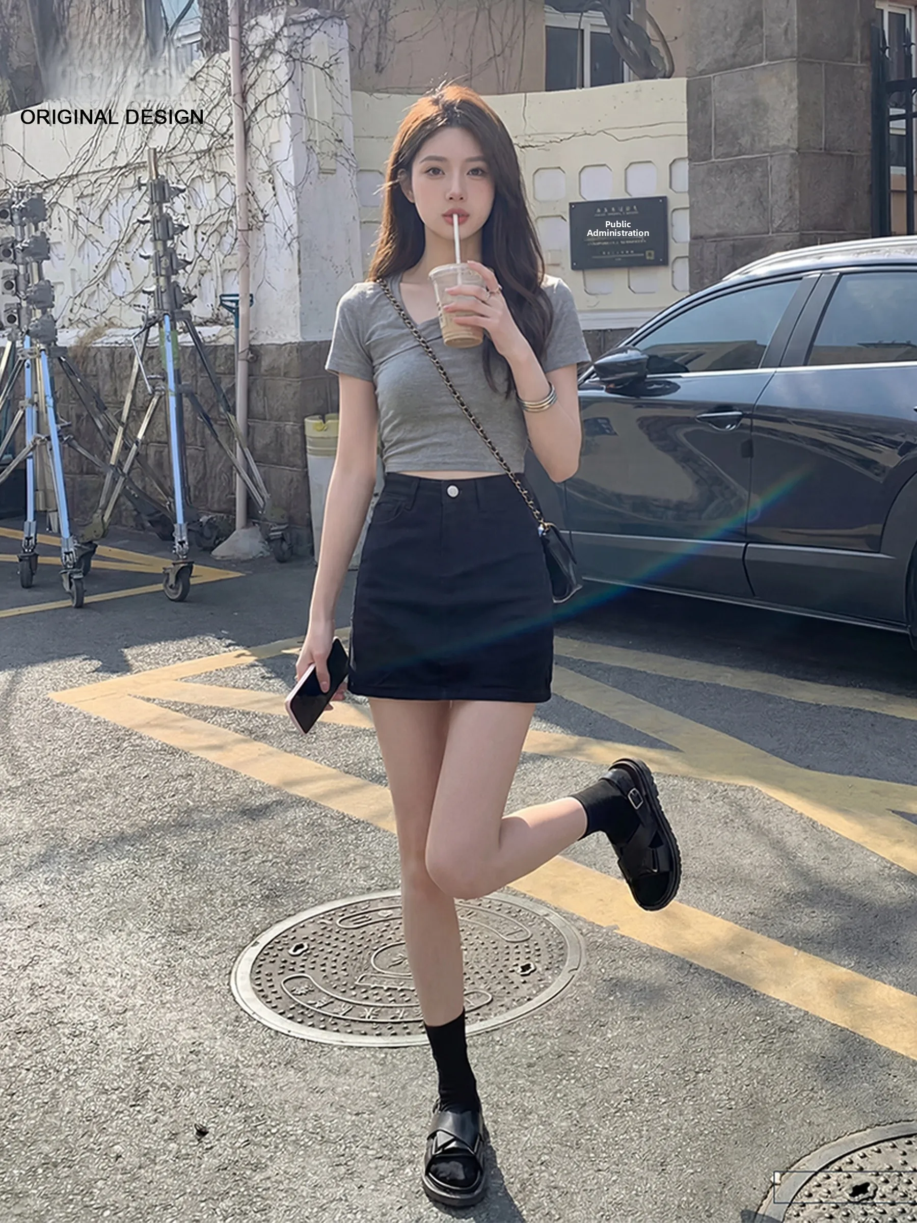 

Юбка-трапеция из черного денима для женщин, с завышенной талией, повседневный стиль, весна-лето, новинка, смесь хлопка и полиэстера