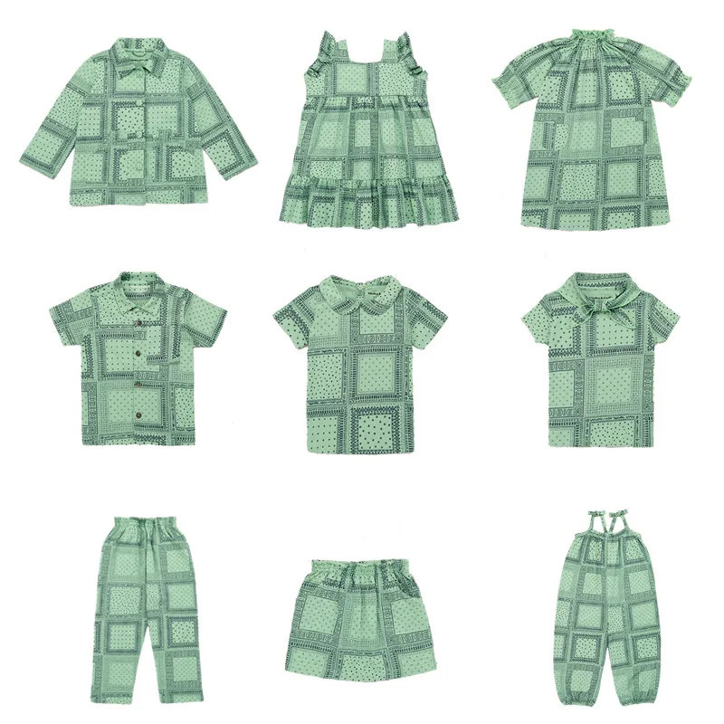 Misha Summer Children's Clothes Green Irregular Pattern Boys Girls Shirts Dresses Short Sleeve Suits Cotton