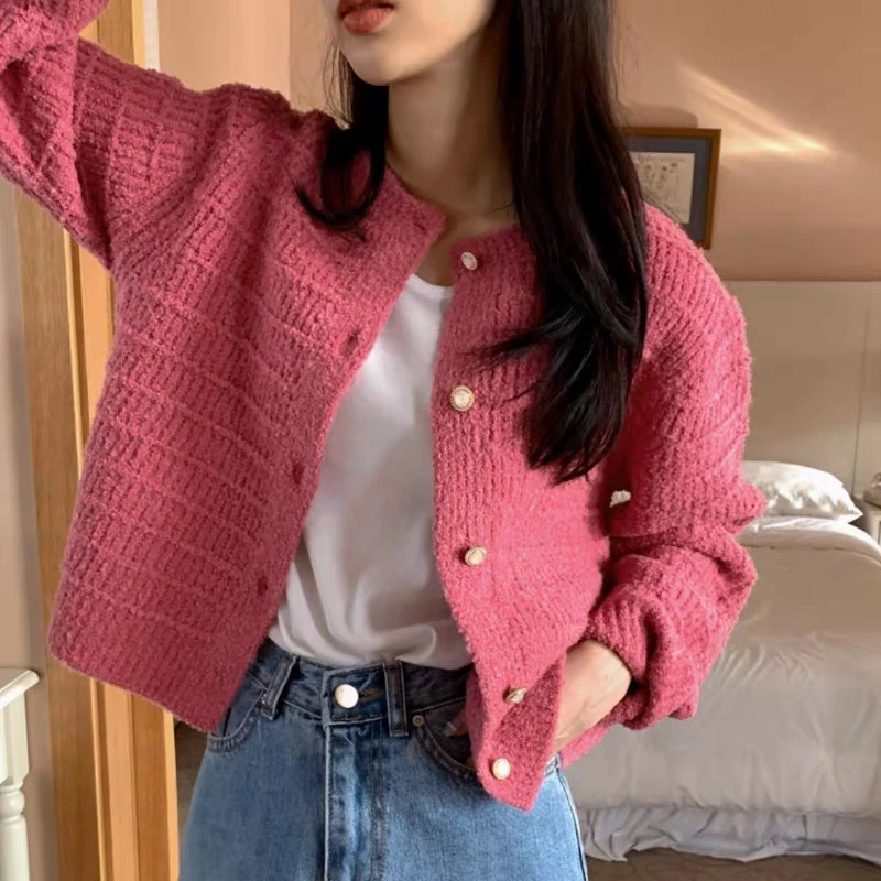 Outono retro rosa curto de malha cardigan para mulher elegante coreano o pescoço feminino manga longa camisola jaqueta doce feminino topos