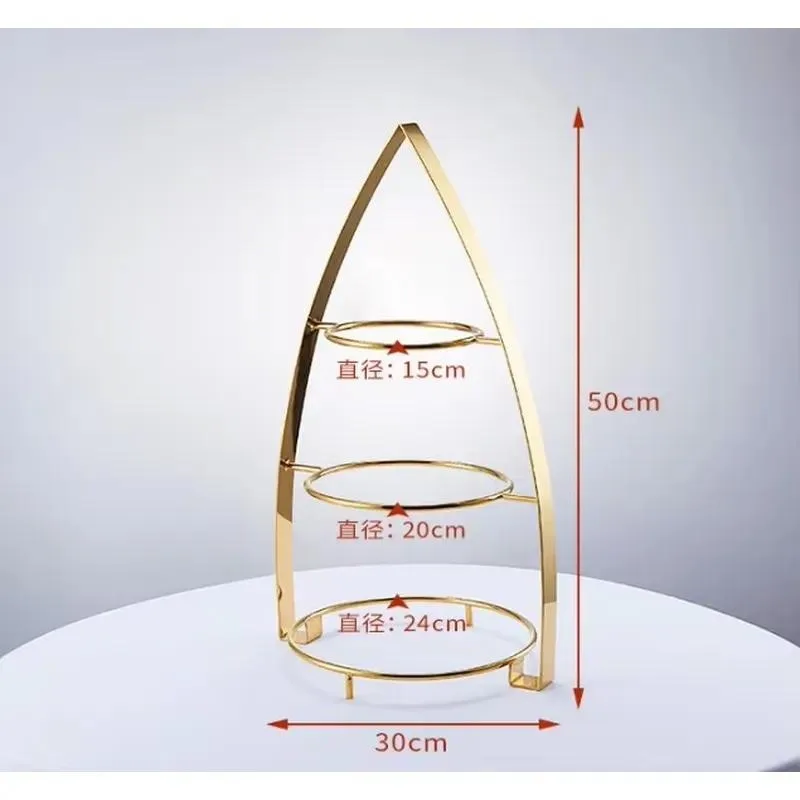 Factory Price Gold Shiny Dessert Table Ornament Triple Metal Gold Cake Standing Plate Set Wedding Ornament