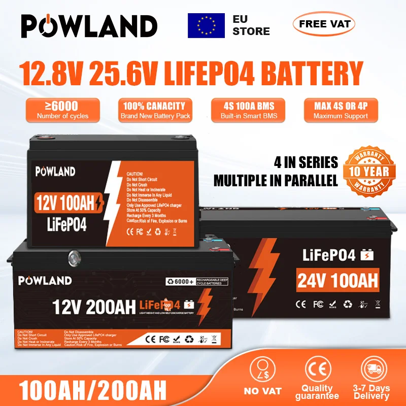 POWLAND 100Ah 200Ah 300Ah LiFePO4 Battery 6000+ Cycles RV 12V 24V Solar Energy Storage System Boat Golf Solar Energy Camping EU Stock