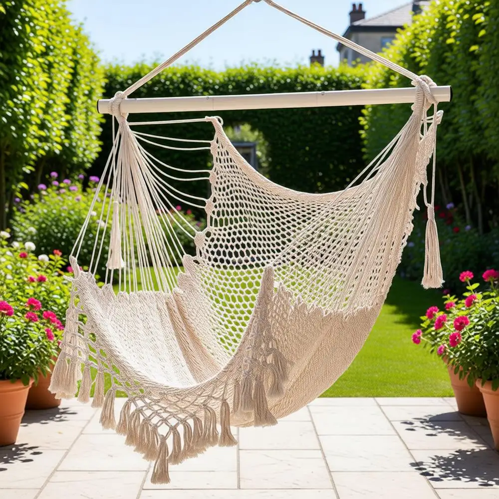 

Прочное кресло-гамак из хлопкового каната для использования в помещении/на улице, выдерживает до 150 кг, бежевое