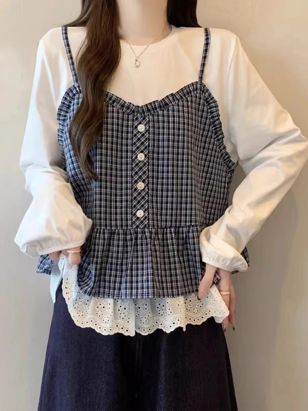 

Blue Plaid Casual Sle Long Sve Women's irt Puffy Doll Top Breathable Skin-Friendly round Ne Daily Wear Regular Length