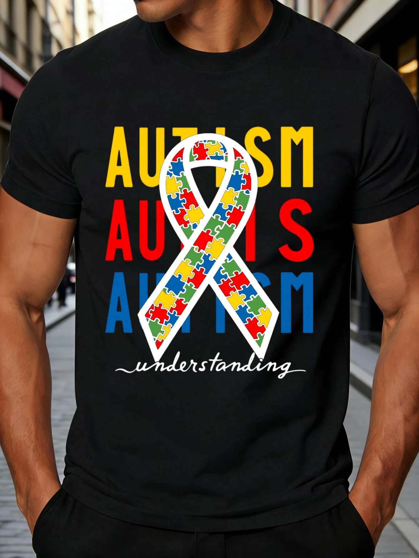 Autism Awareness Ribbon Puzzle Pattern Men's T-Shirt Colorful Puzzle Pieces and Text Autism Understanding Suitable for Autism Awareness Season Gift for Autism Friends and Family