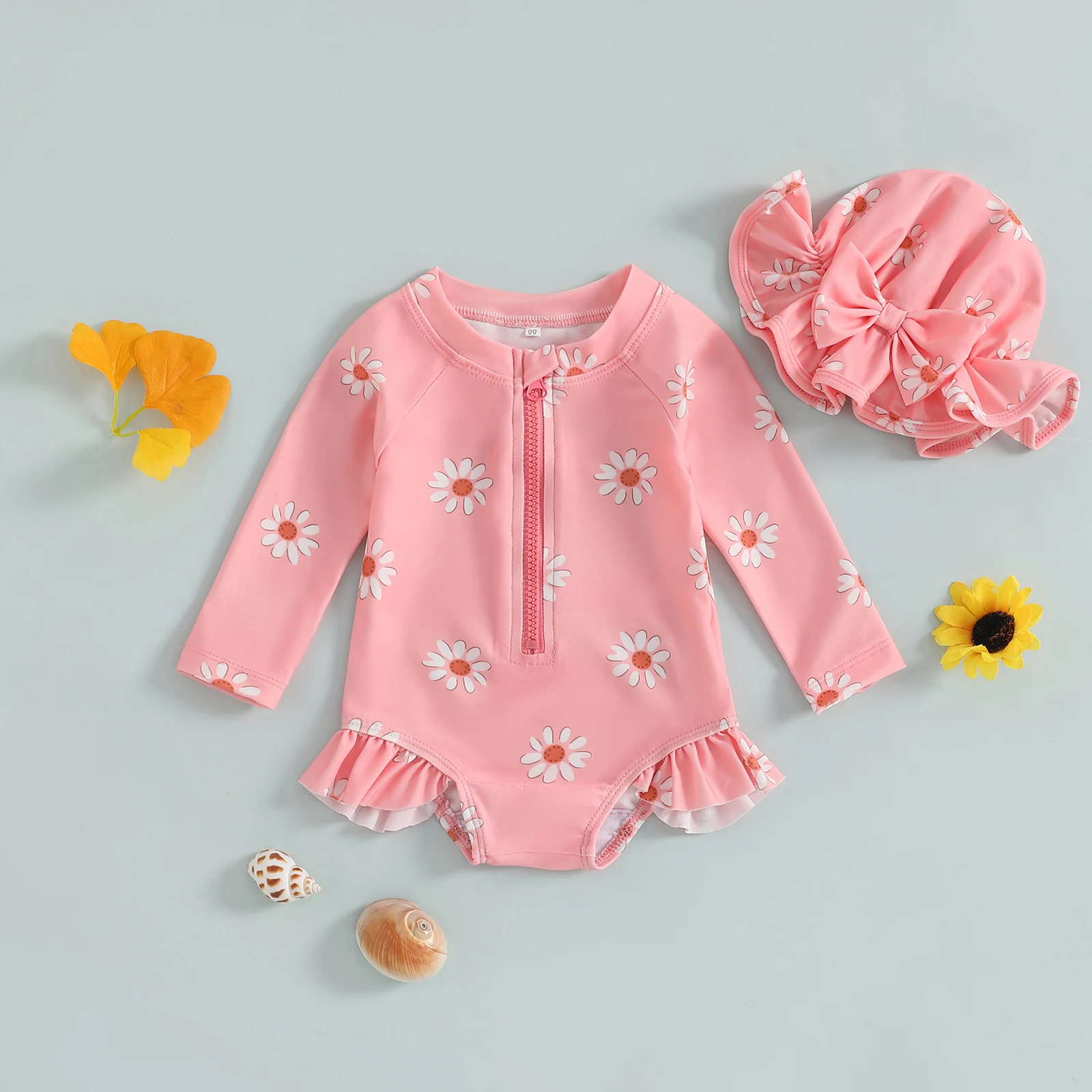 New Baby Girls Swimsuit Long Sleeve Flower Print Zipped Bikini with Hat Newborn Swimwear Summer Kids Bathing Clothes