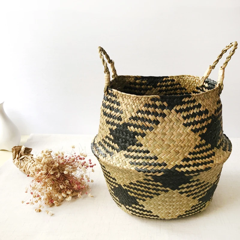 

Handmade Bamboo Storage Baskets Nordic Foldable Laundry Straw Wicker Rattan Seagrass Belly Garden Flower Pot Planter Basket