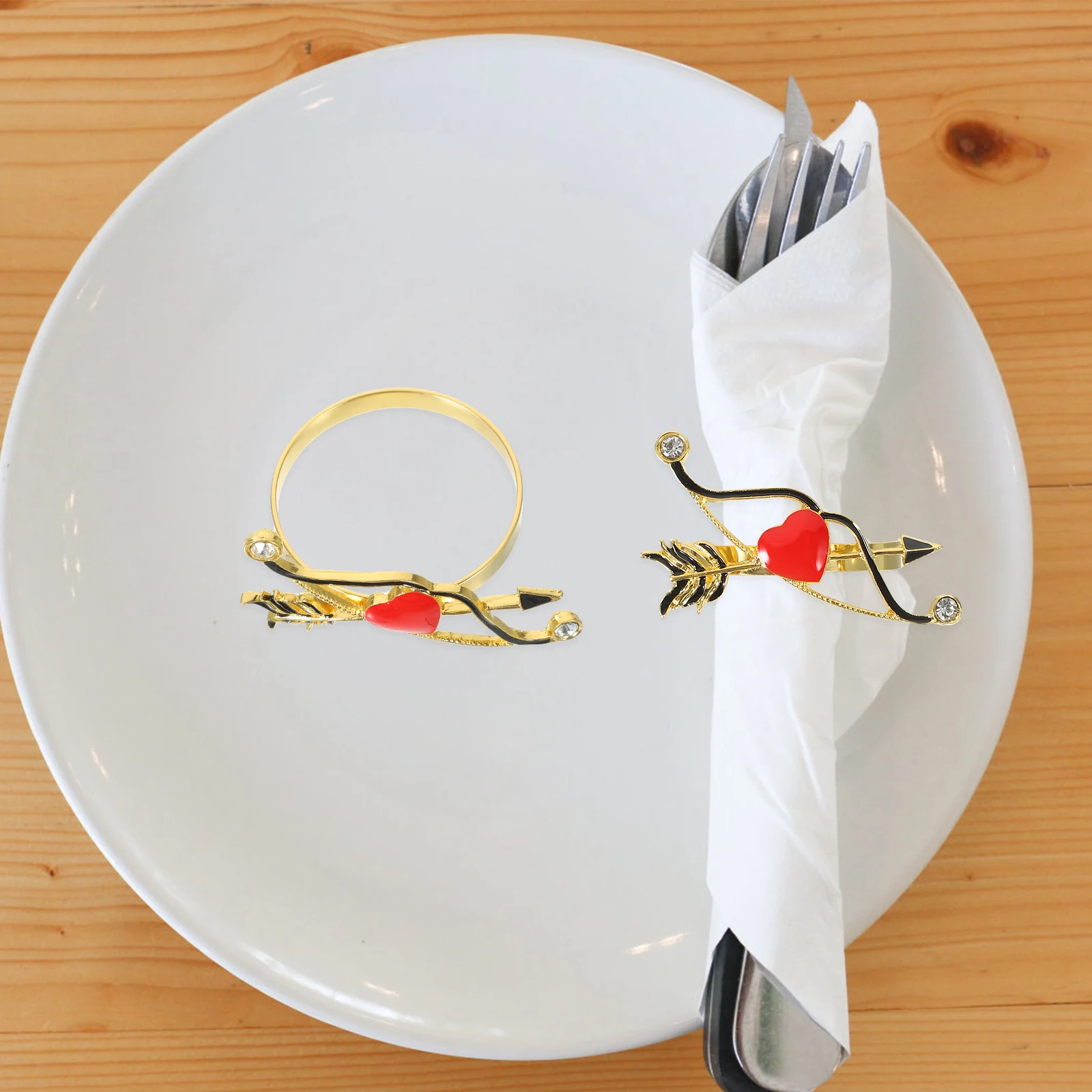 

2pcs Heart Arrow Napkin Rings Valentine Red Rhinestone Table Decor Dinner Party Supplies Alloy Serviette Holders