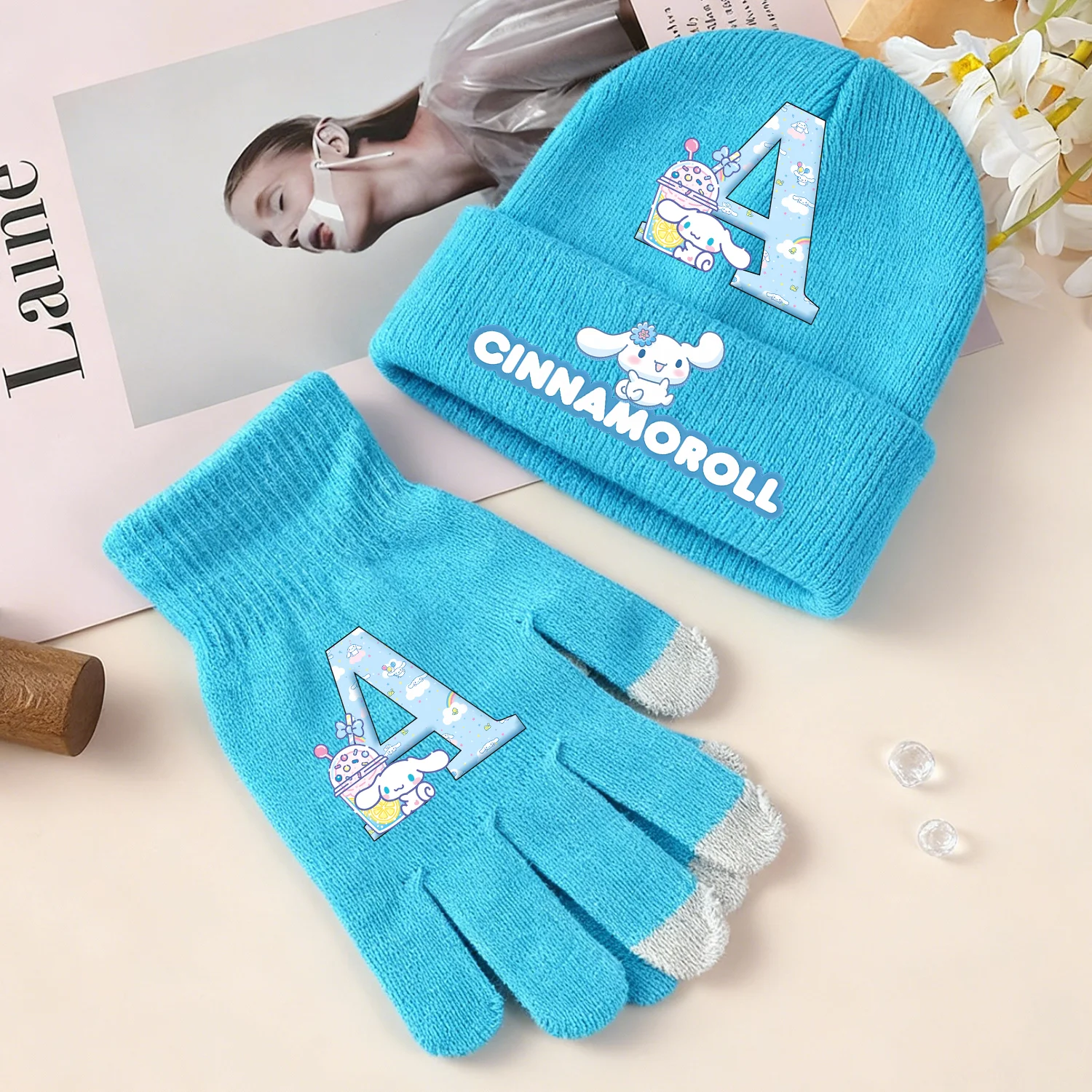 

Cinnamoroll Knitted Hat Gloves 2pcs Cartoon Letter Knitted Cap Kawaii Anime Girls Boys Hat Knit Gloves kid Skullies Beanies Gift