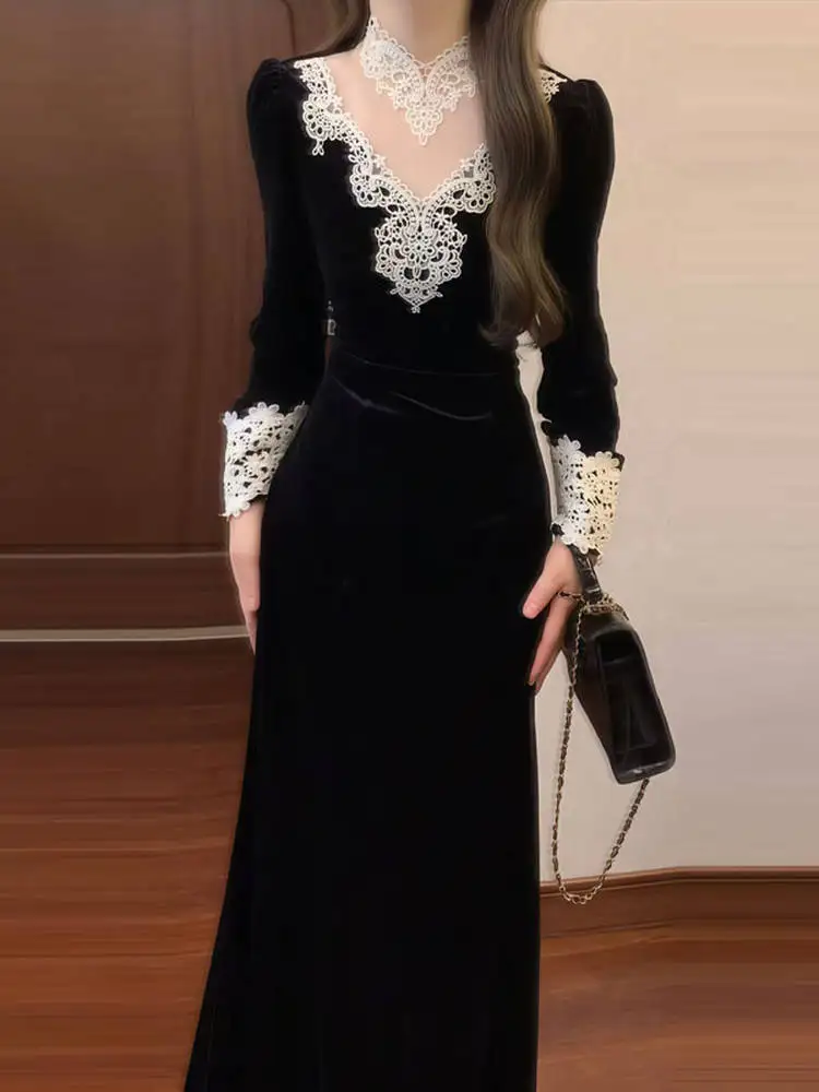 

Hebe Style Elegant Lace Wrap Waist V-Neck Long Skirt Spring Fashion Bodycon Dress Cotton Soft Medium Stretch out of Season