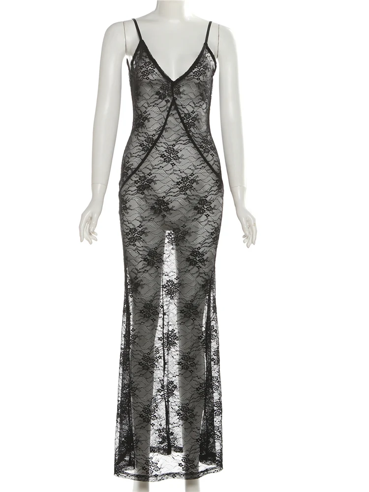 Whatiwear Sexy See Through Jurk Vrouw Lage Hals Jacquard Patchwork Backless Hot Meisjes Midnight Fashion Coquette Lange Bodycon