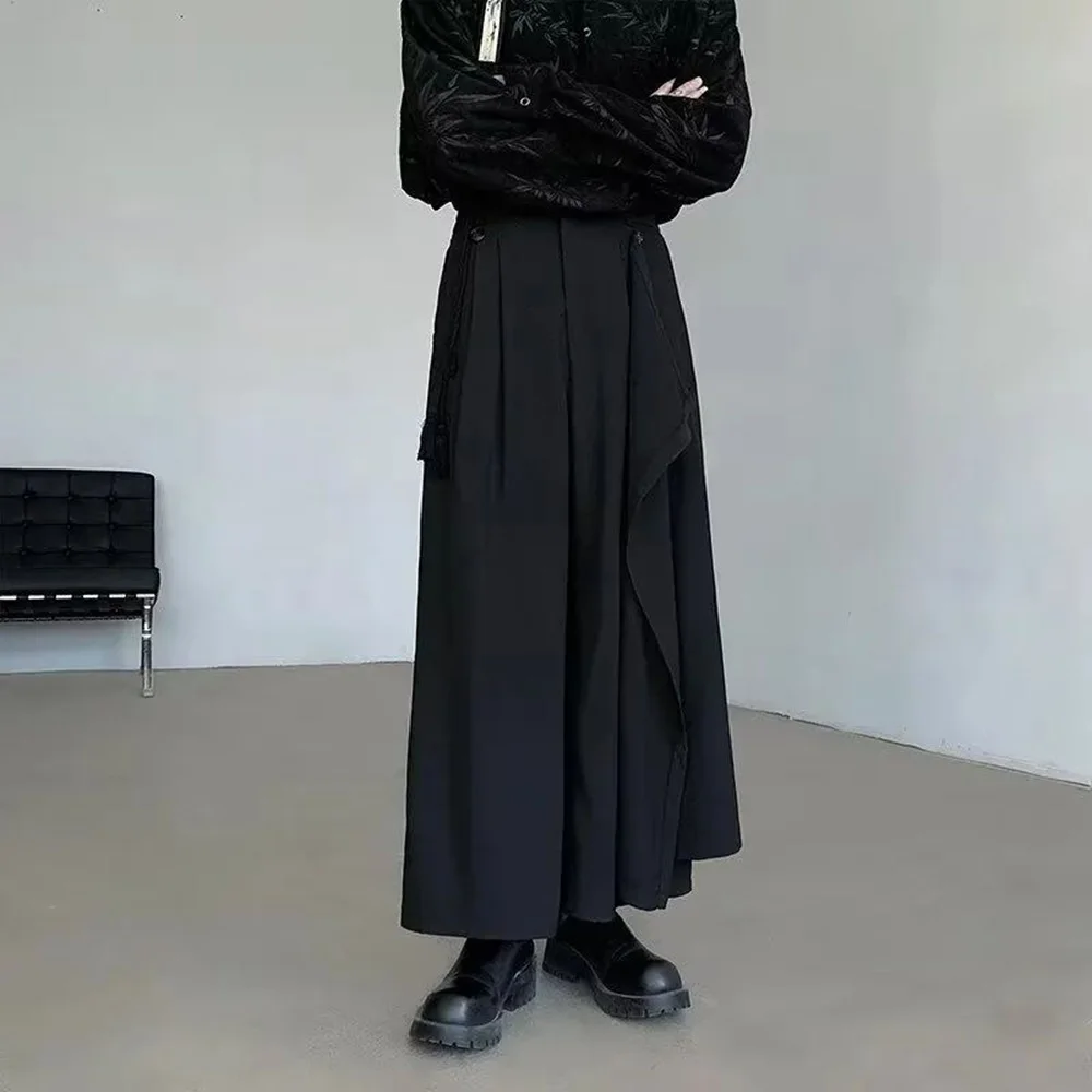 Mens Skirt Pants Double-Layer Splicing Gothic Samurai Pants Japanese Dark Style Casual Hakama Wide-Leg Pants Men\'S Clothing 2024