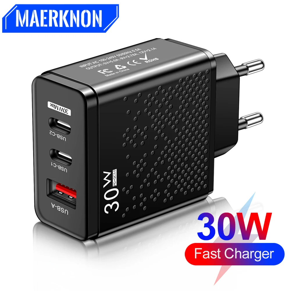 

PD 30W USB C Charger Fast Charging Type C Charger Quick Charge 3.0 3 Port Power Adapter for iPhone 13 14 Pro Xiaomi Samsung
