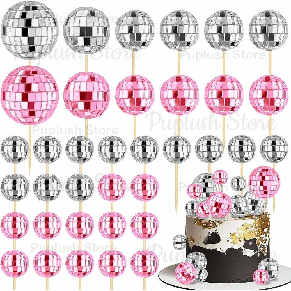 34-teiliges Disco-Kugel-Cupcake-Topper-Set, Spiegel-Silber, Gold, Pink, 70er Retro Kuchendekoration für Disco-Themen-Geburtstagsfeiern – Detail 5