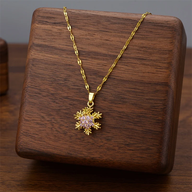 Unique Titanium Steel Necklace with Rotating Snowflake Pendant Collarbone Chain with Sparkling Zircon Stone for Women