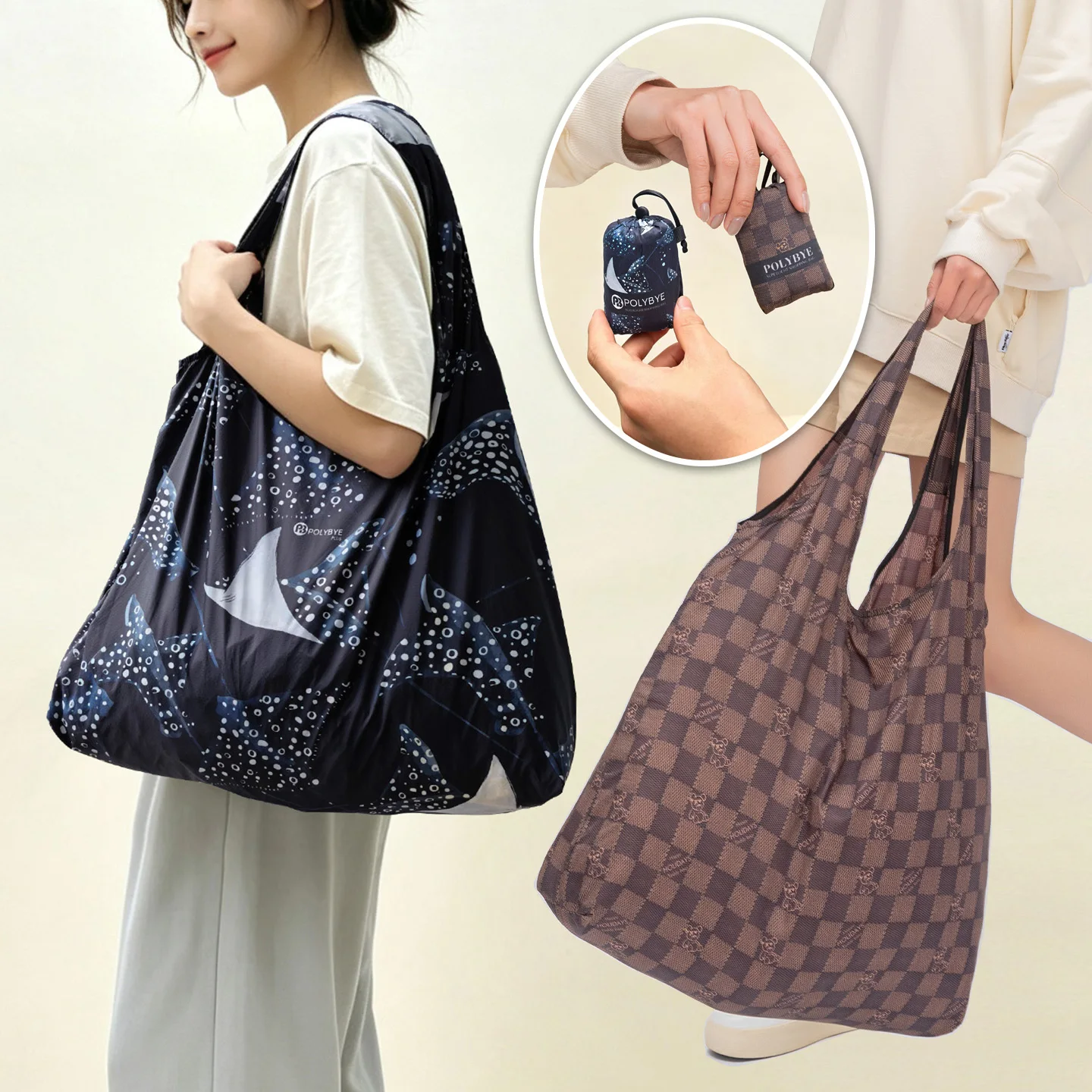 POLYBYE Nylon Grocery Bag Reusable Shopping Bag Eco-Friendly Tote Bag Big Volume Print Bag Tote Bag Portable Waterproof
