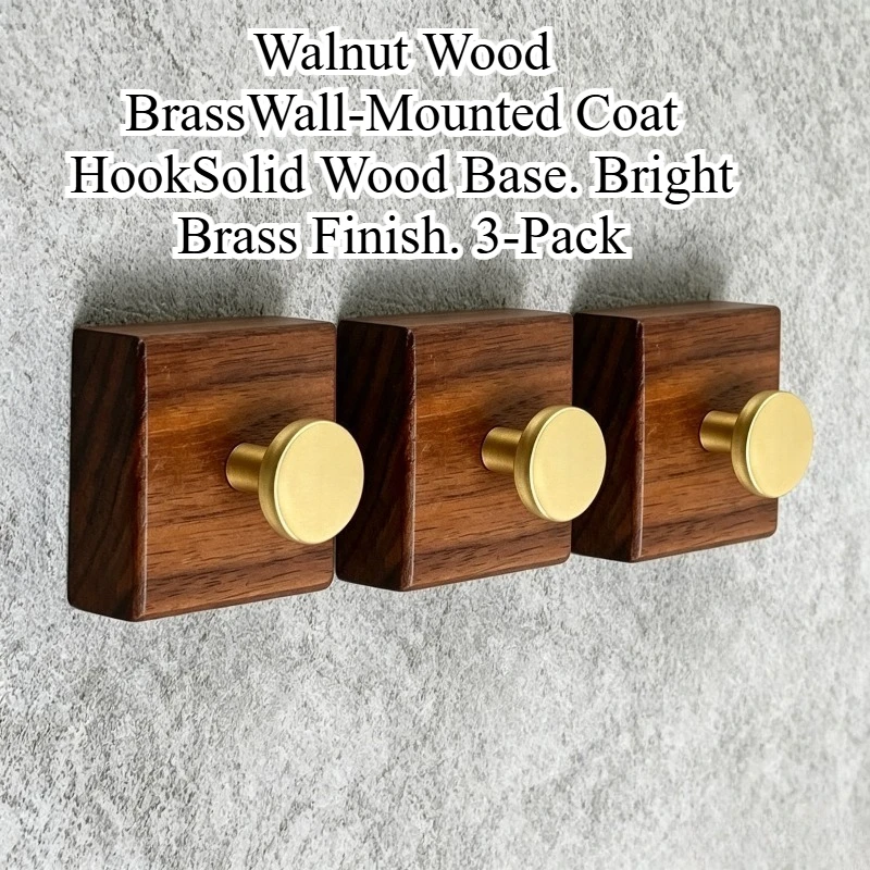 3 Pcs Walnut Wood Brass Hooks Wall Mounted Coat Hat Bag Hanger Suitable for Bedrooms Bathrooms and Entryways