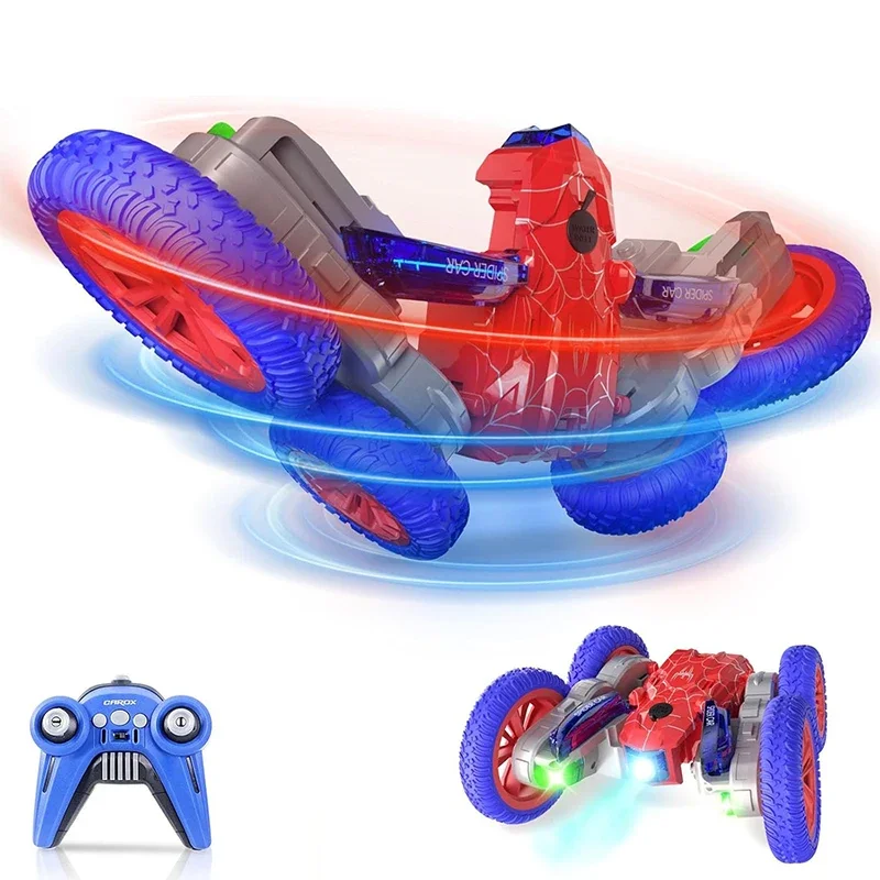 DEERC Spider RC Car: Double-Sided Stunt, 360° Rotating, 4WD, Headlights, 2.4GHz, Rechargeable, Ages 4-12 Gift.