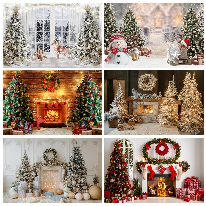 Christmas Photography Backdrops Xmas Tree Snowman Fireplace Decoration Background Winter Family Holiday Party Photo Booth Props