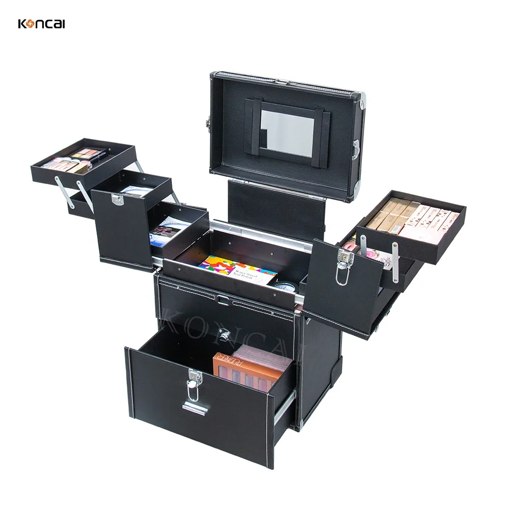 KONCAI FAMA direct supplier Multi-function Rolling Studio Makeup Case New Year Colorful Makeup Nail Trolley Case