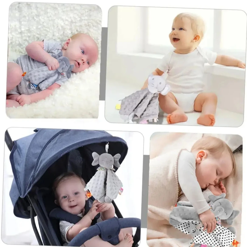 Baby Security Blanket Elephant with Tags Teether Rattles Mobile Soft Blanket Snuggle Toy Stuffed Animal for Babies Newborns Gift