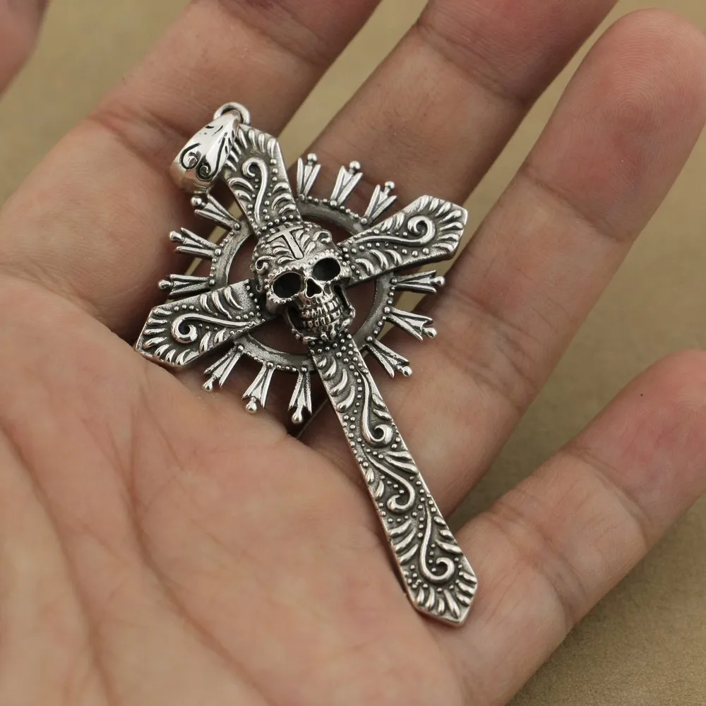 Detail 925 Sterling Silver Skull Cross Pendant Punk Jewelry TA81 BZ